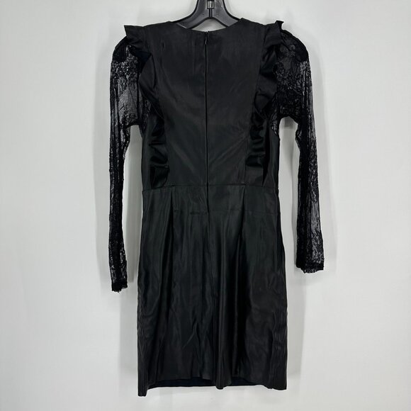 Zara Faux Leather Dress Lace Ruffle Mini Cocktail Sheath Black Sheer Long Sleeve - Picture 2 of 9